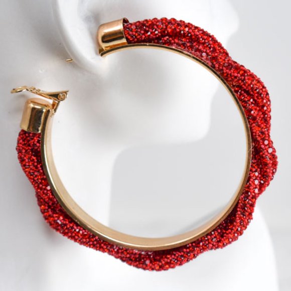 3" Boho Braid Twist Red Rhinestone Hoop Earrings - Picture 6 of 13